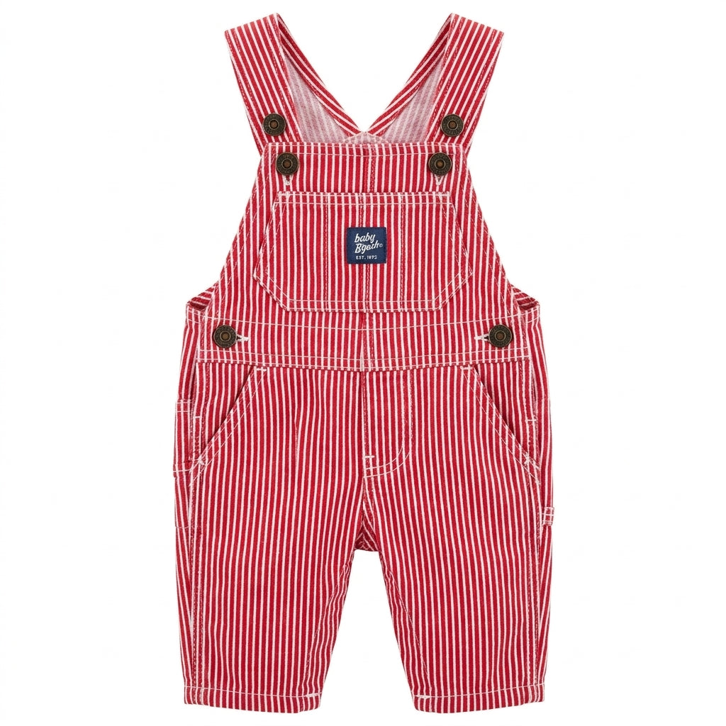 Baby Red & White Striped Cotton Overalls with Front Pocket & Button Straps