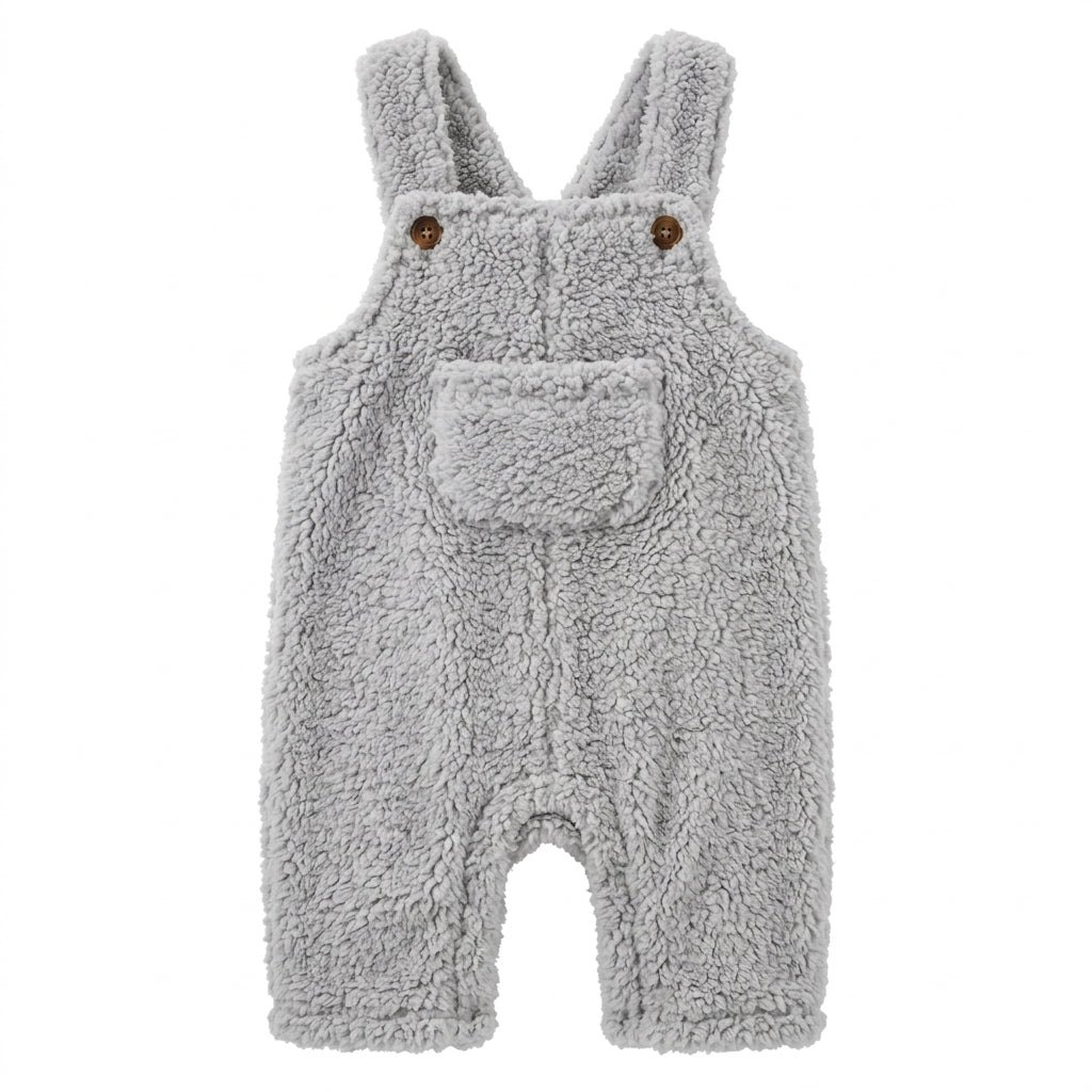 Baby Grey Sherpa Fleece Overalls with Front Pocket & Button Straps