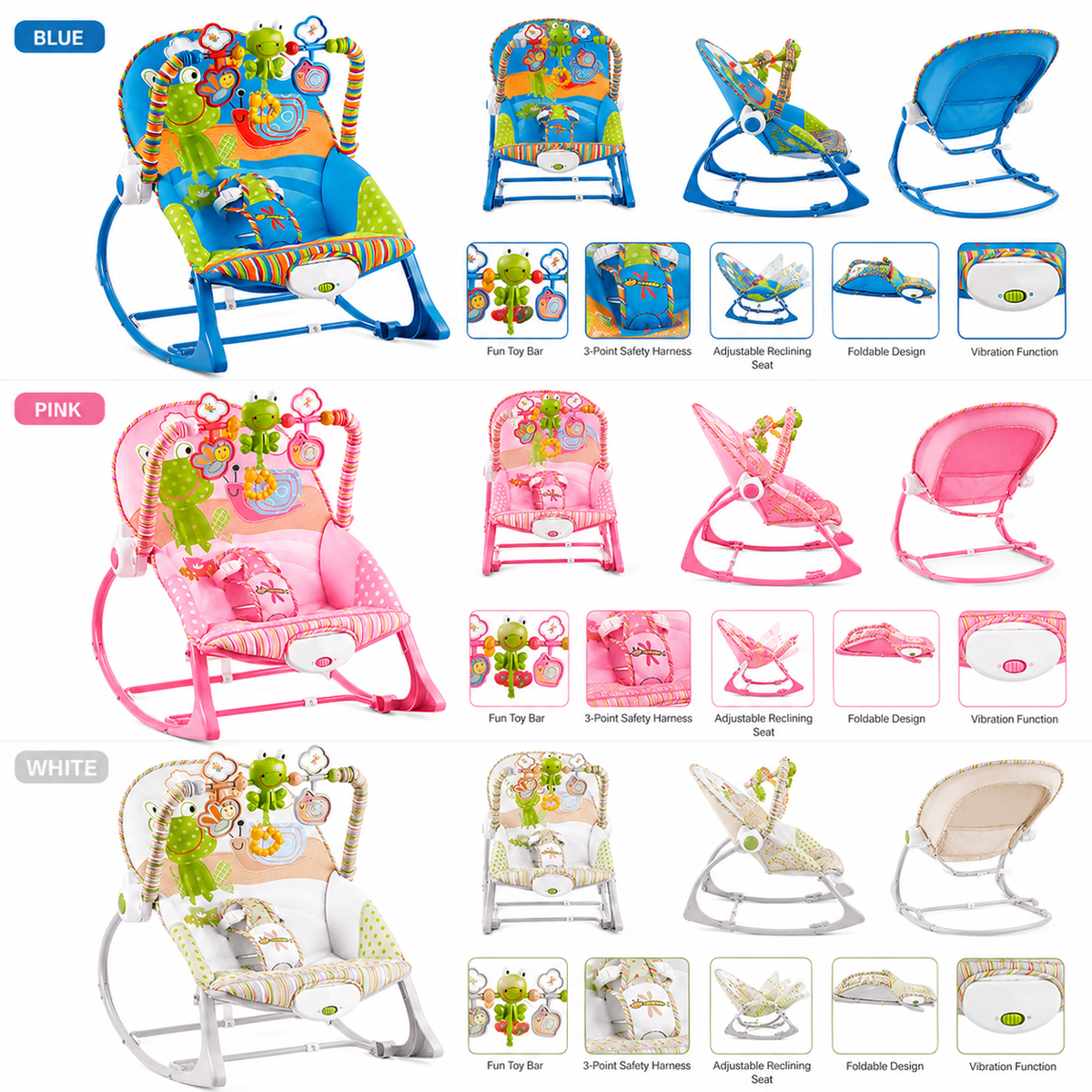 Premium Baby Rocker & Bouncer Seat with Vibration, Toy Bar & Adjustable Recline -JOLLUI