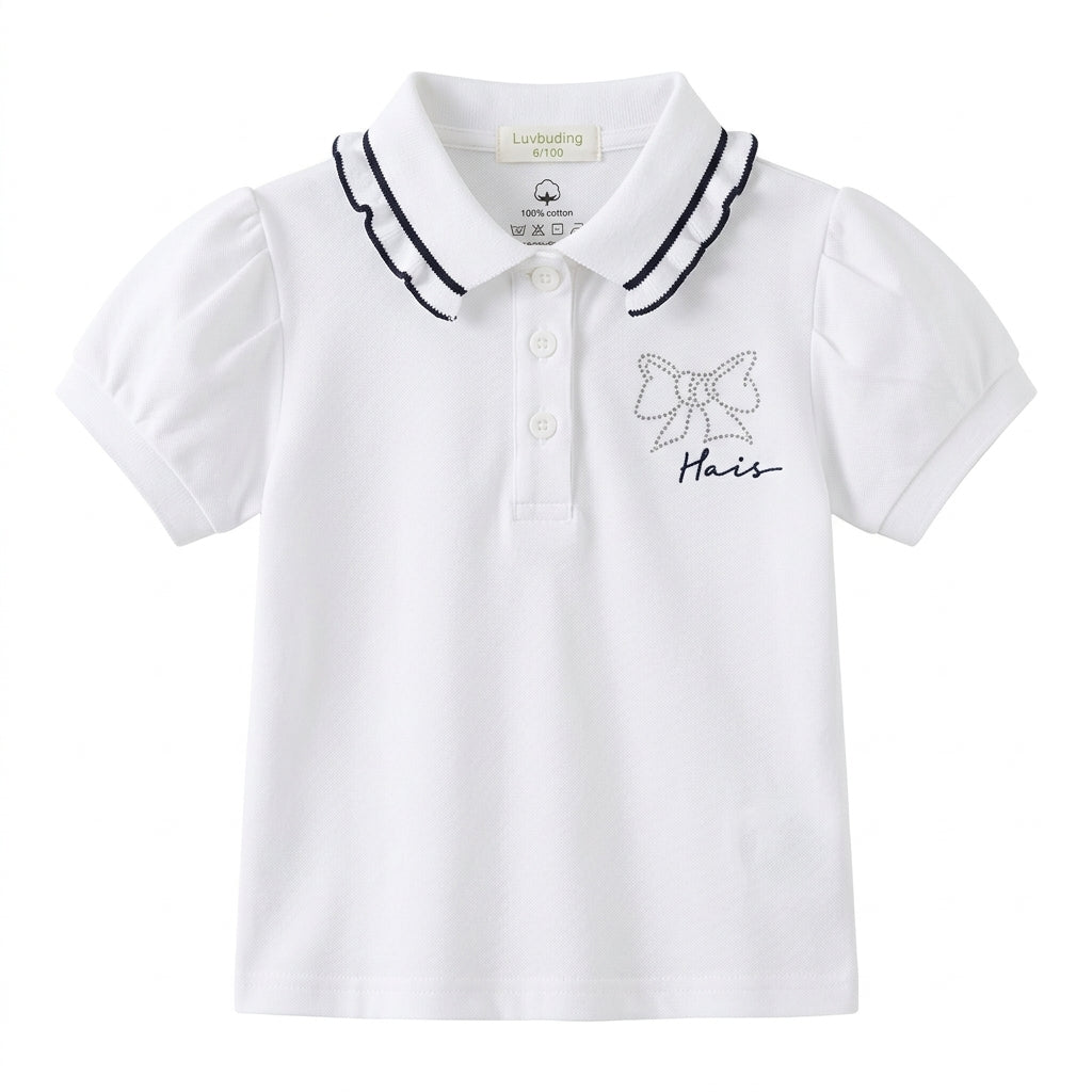 Girls White 100% Cotton Polo Shirt with Scalloped Collar & Rhinestone Bow Embroidery
