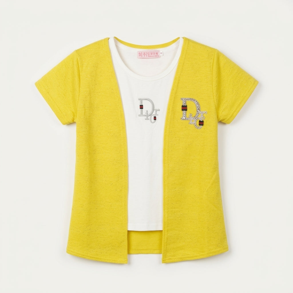 Girls Fake Two-Piece Mustard Cardigan & White T-Shirt Set with Rhinestone Logo
