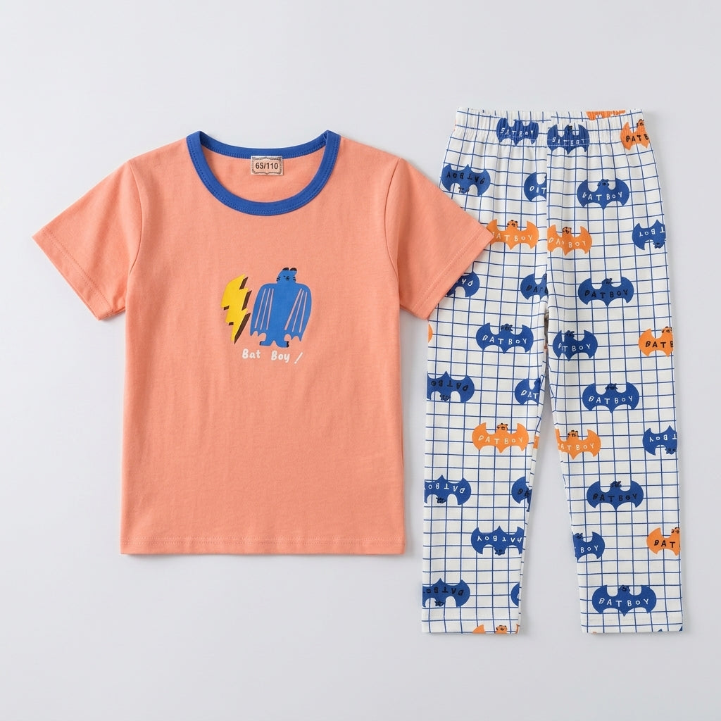 Boys Peach & White "Bat Boy" Graphic Short-Sleeve Pajama Set (2-Piece)