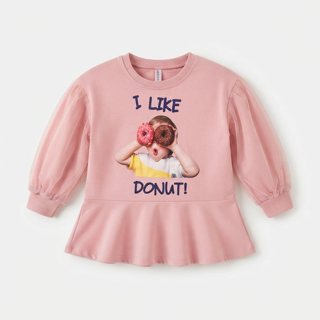 Girls Pink "I Like Donut!" Graphic Peplum Top with Sheer Sleeves (Only Top)