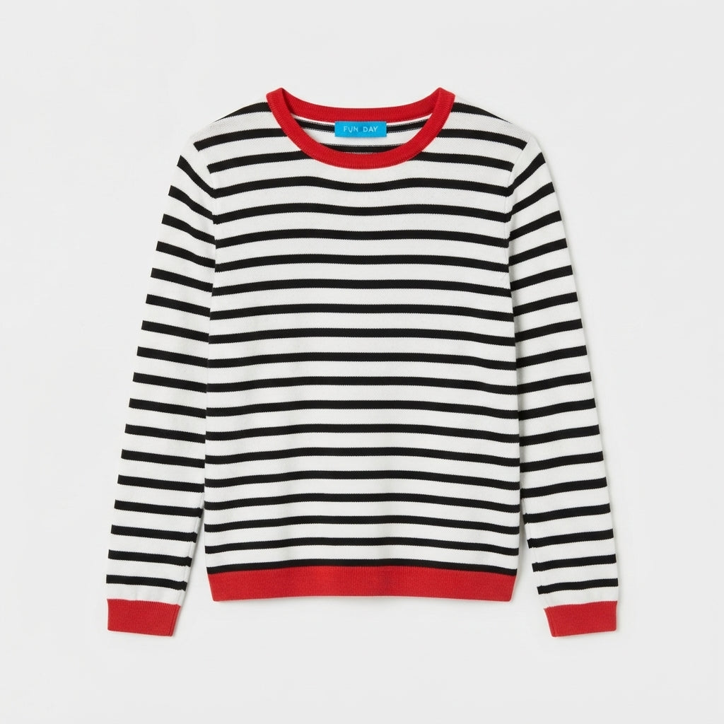 Kids Black & White Striped Knit Sweater with Red Trim (Only Top)