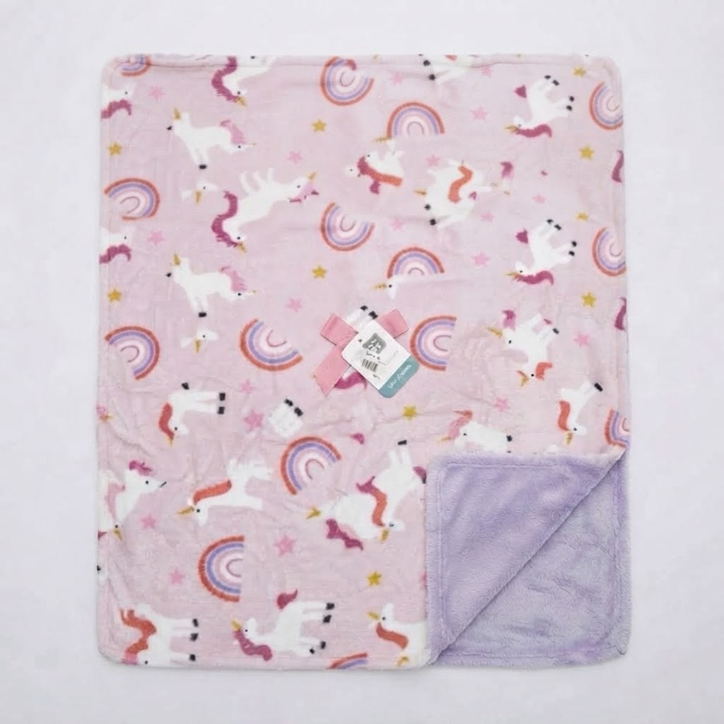 Pink Unicorn and Rainbow Plush Baby Blanket