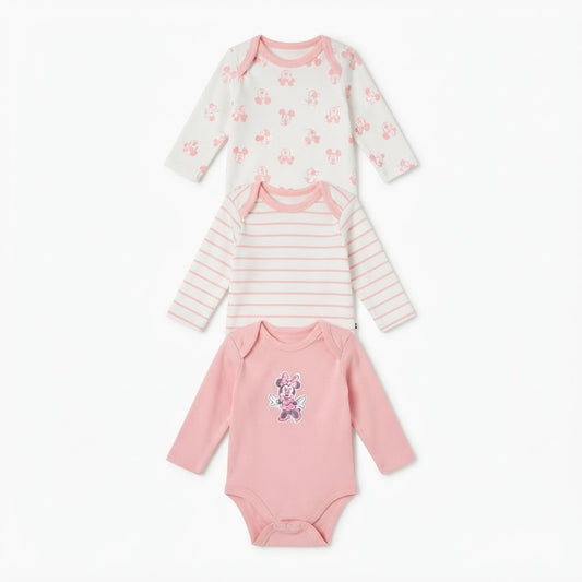 Baby Cotton Full-Sleeve Minnie Mouse Print Bodysuits (3-Piece Pack)