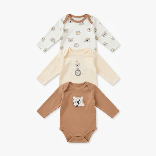 Baby Cotton Full-Sleeve Lion Print Bodysuits (3-Piece Pack)
