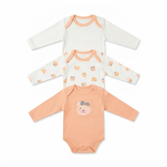 Baby Cotton Full-Sleeve Bear Print Bodysuits (3-Piece Pack)