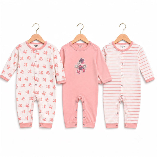Baby Cotton Full-Sleeve Minnie Mouse & Stripe Rompers / Sleepsuits (3-Piece Pack)