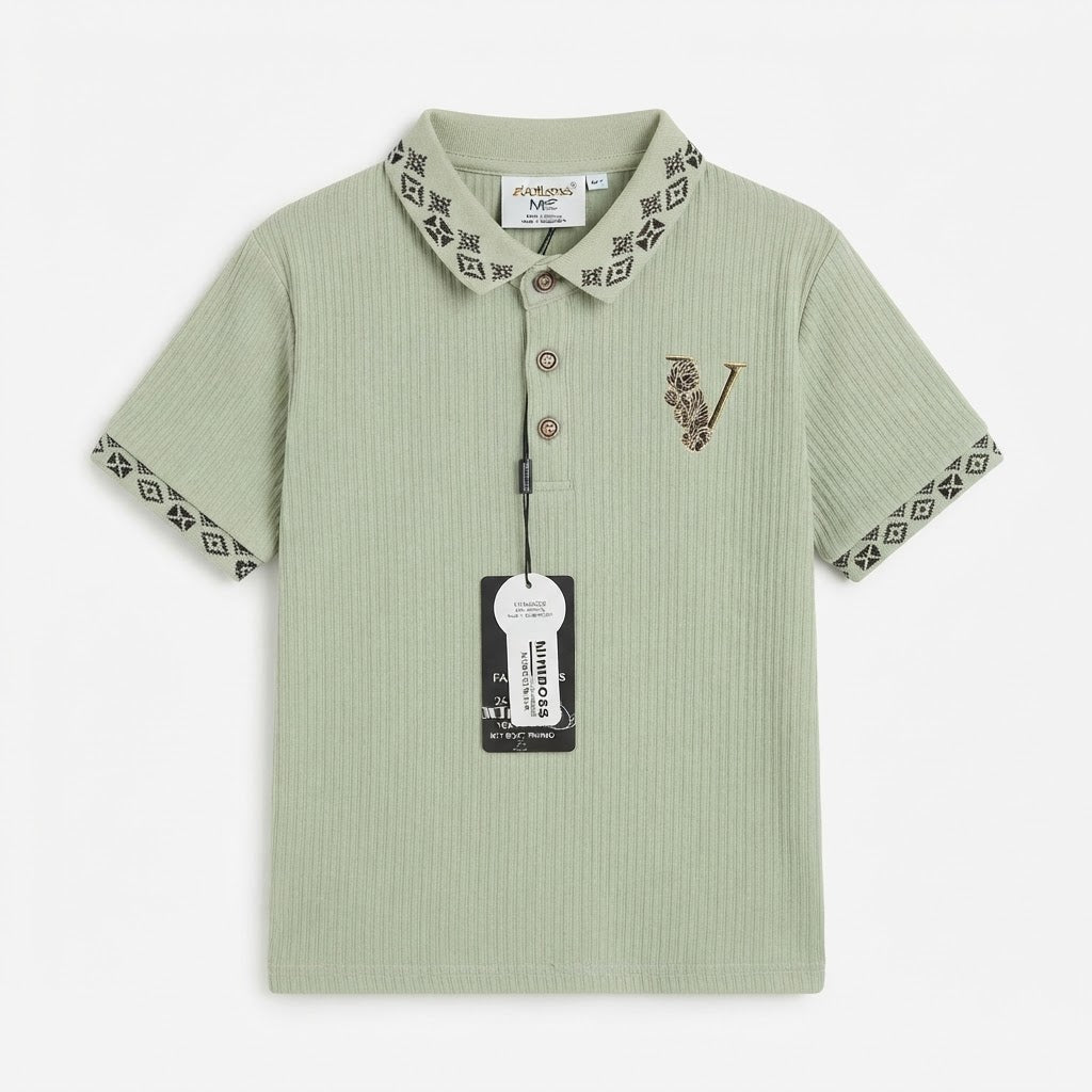Boys Casual Sage Green Polo Shirt With Patterned Collar & Cuffs