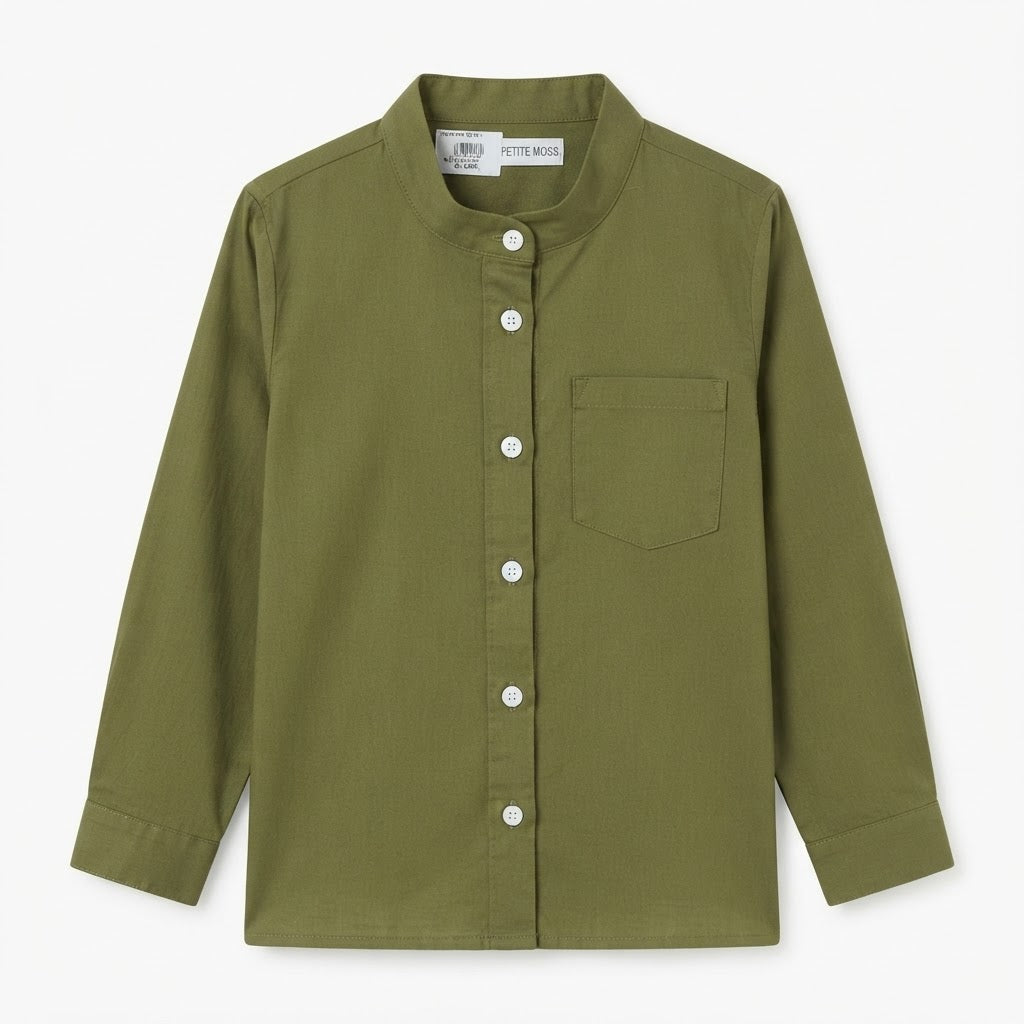 Boys Olive Green Mandarin Collar Casual Full-Sleeve Shirt