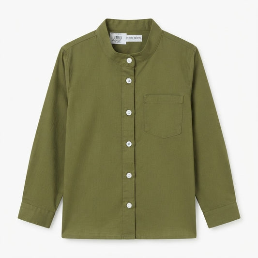 Boys Olive Green Mandarin Collar Casual Full-Sleeve Shirt