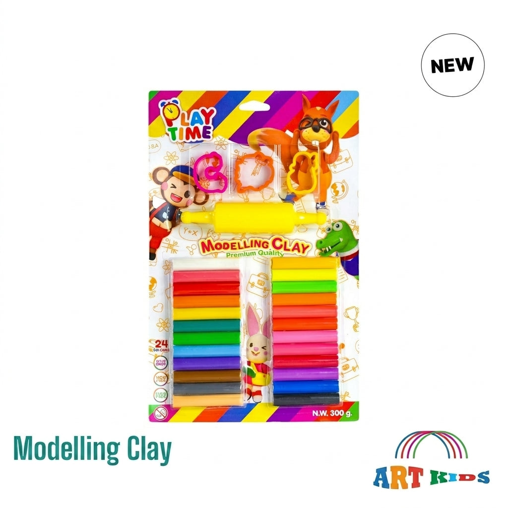 Play Time Non-Toxic Modelling Clay Set for Kids (24 Colors, 300g) with Cutters & Rolling Pin