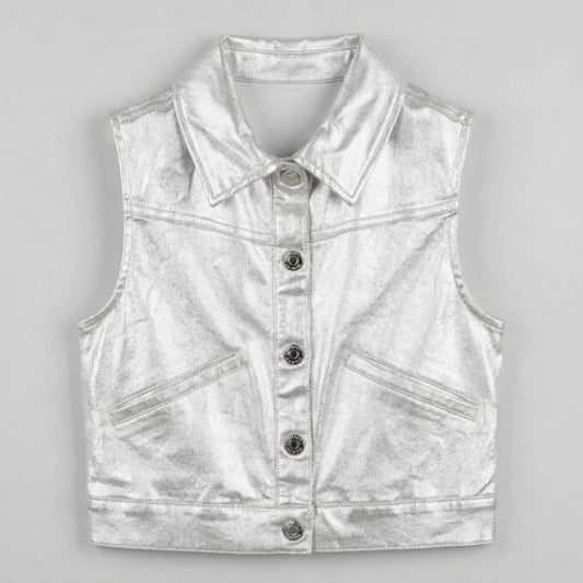 Girls Metallic Silver Sleeveless Denim Vest Jacket (Only Vest)