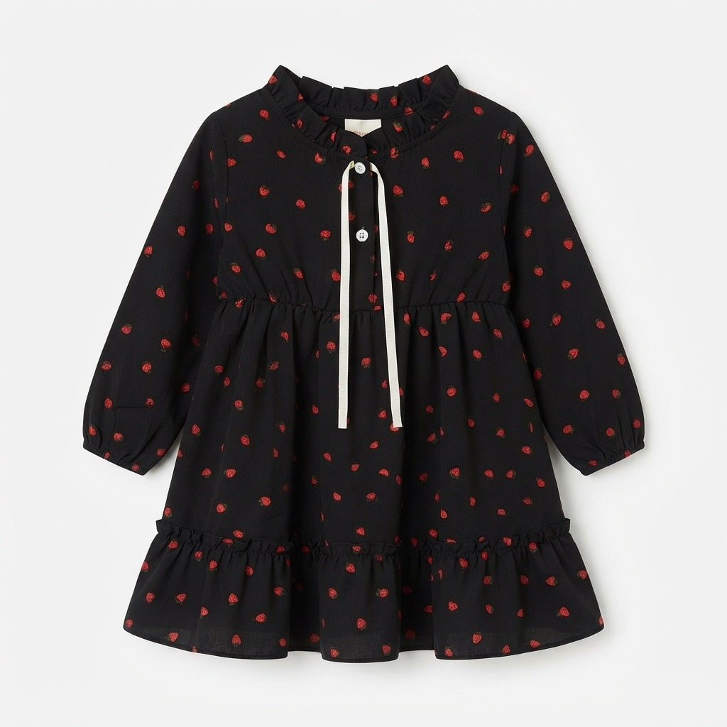 Girls Black & Red Floral Print Long-Sleeve Ruffle Tiered Party (Only Shirt)