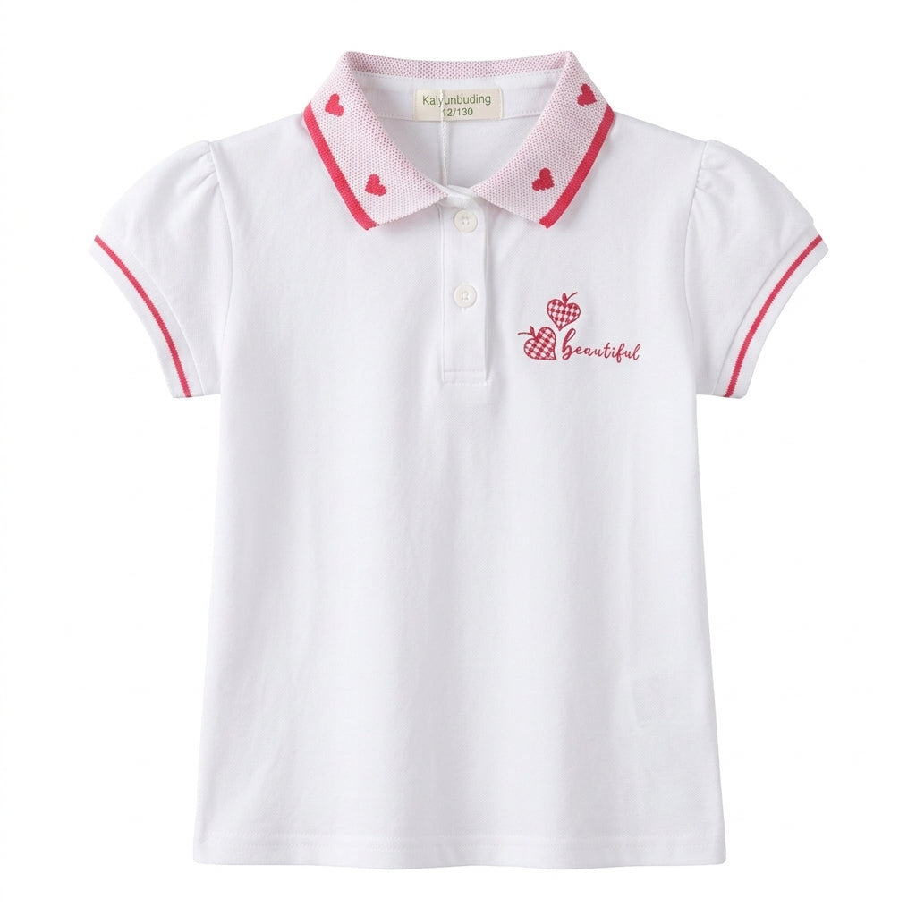Girls White Cotton Polo Shirt with Pink Heart Collar & "Beautiful" Embroidery