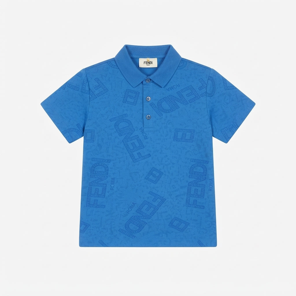 Fendi Kids Blue All-Over Logo Print Cotton Polo Shirt