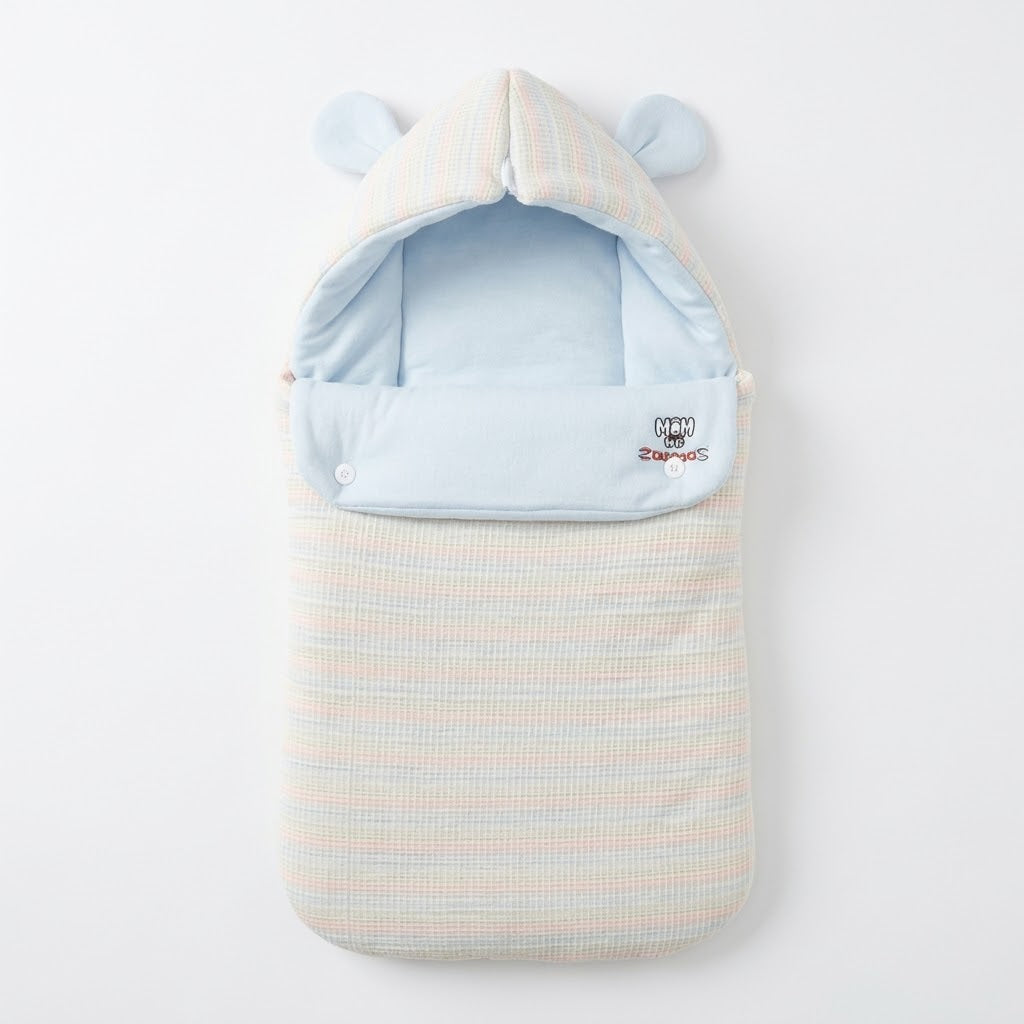 Baby Pastel Stripe Textured Hooded Sleeping Bag Carry Nest with 3D Bear Ears