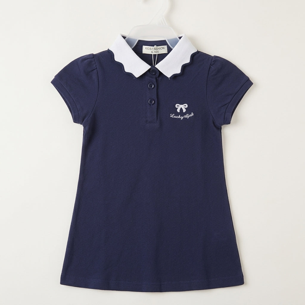 Girls Navy Blue Polo Shirt with White Scalloped Collar & "Lucky Girl" Bow Embroidery