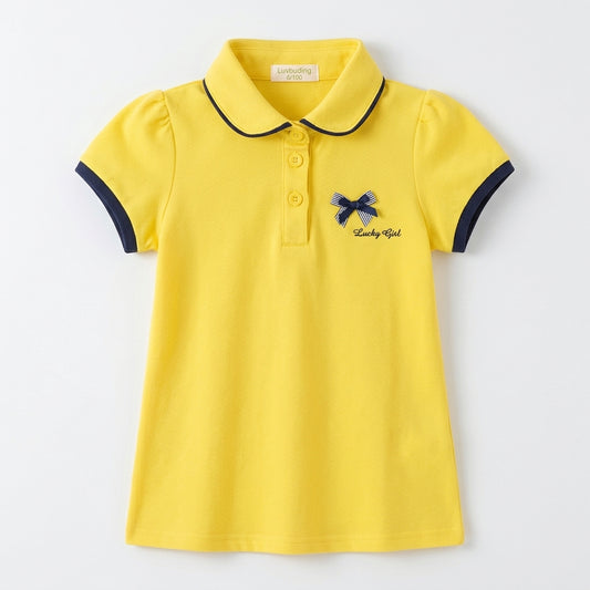 Girls Bright Yellow Cotton Polo Shirt with Navy Trim & "Lucky Girl" Bow Embroidery