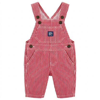 Baby Red & White Striped Cotton Overalls with Front Pocket & Button Straps