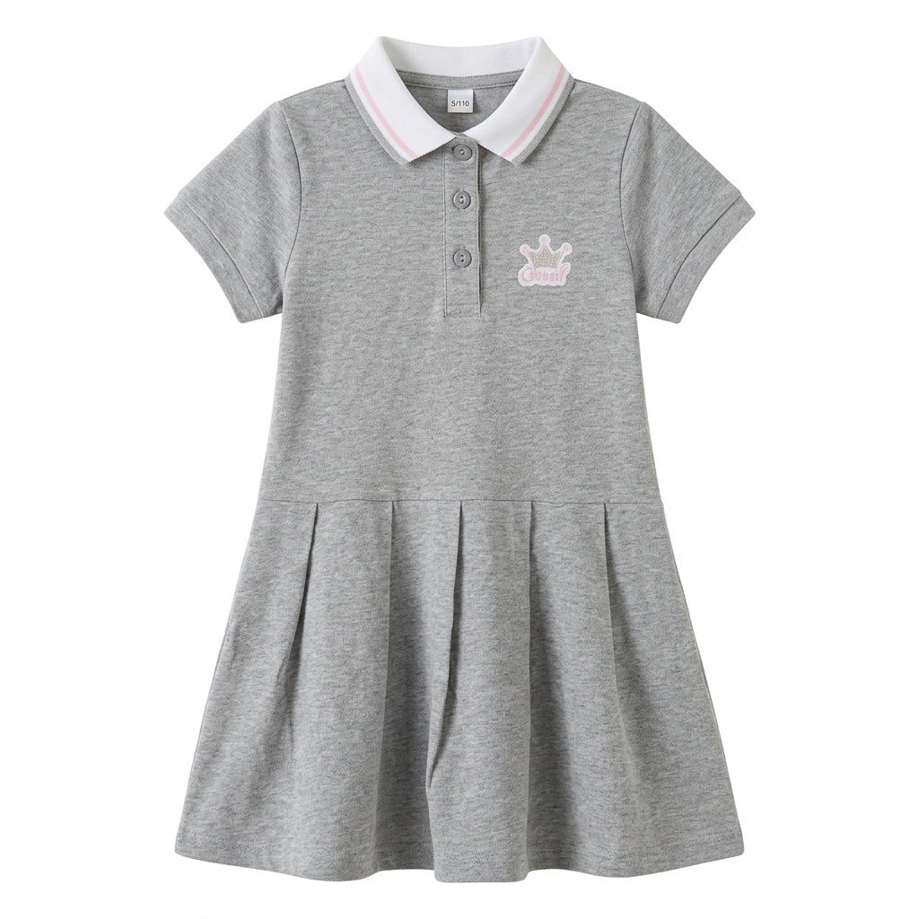 Kids Casual Grey Pleated Polo Dress with Crown Embroidery