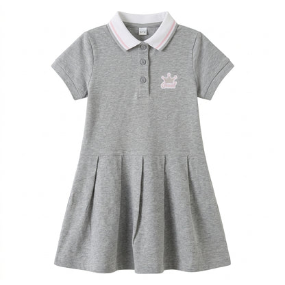 Kids Casual Grey Pleated Polo Dress with Crown Embroidery