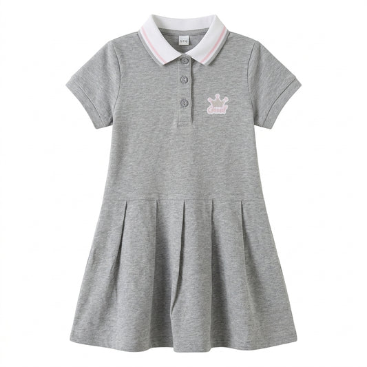 Kids Casual Grey Pleated Polo Dress with Crown Embroidery