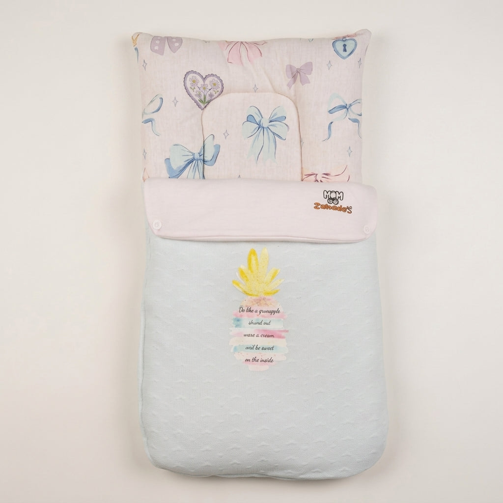Baby Light Blue & Soft Pink Pineapple Graphic Sleeping Bag Carry Nest with Bow Print Pillow