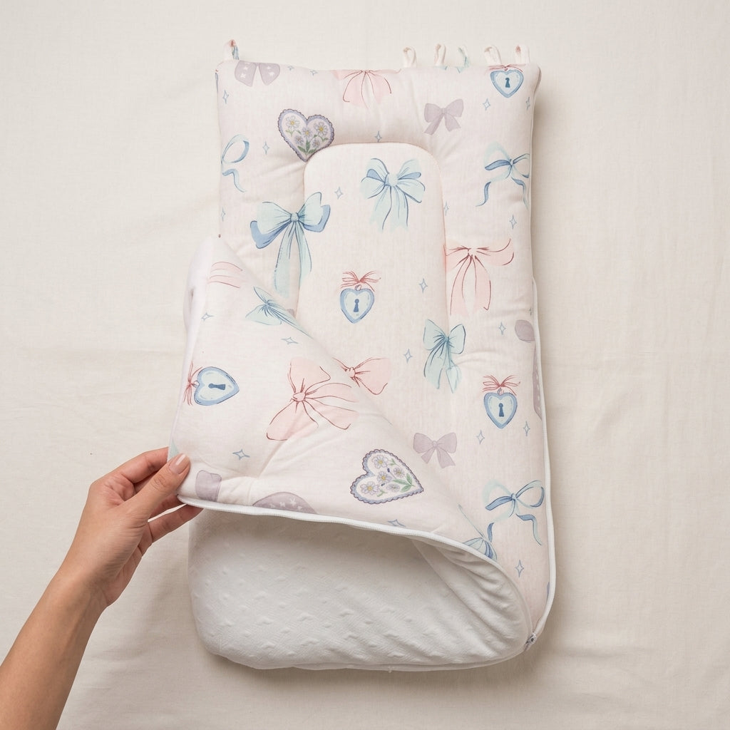 Baby Light Blue & Soft Pink Pineapple Graphic Sleeping Bag Carry Nest with Bow Print Pillow