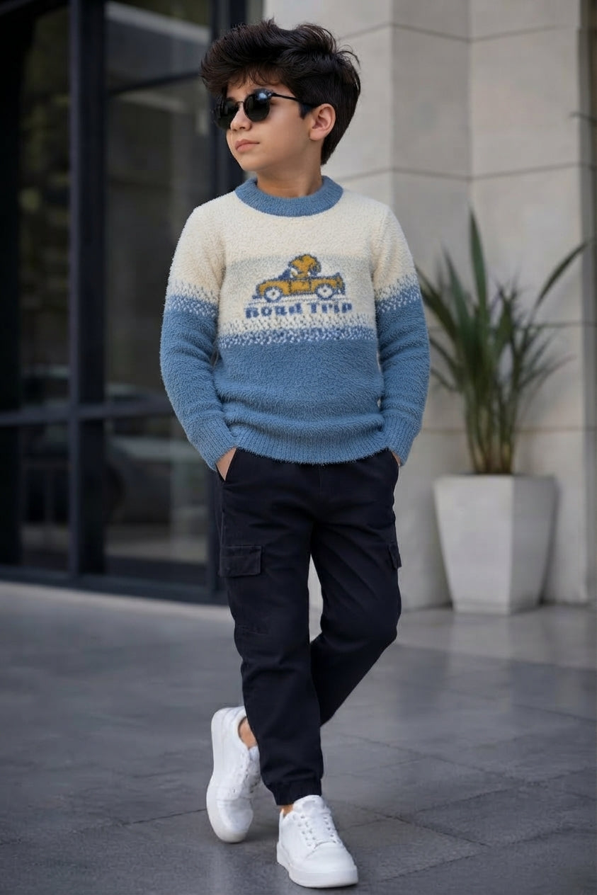 Kids Blue & White Colorblock "Road Trip" Graphic Knit Sweater