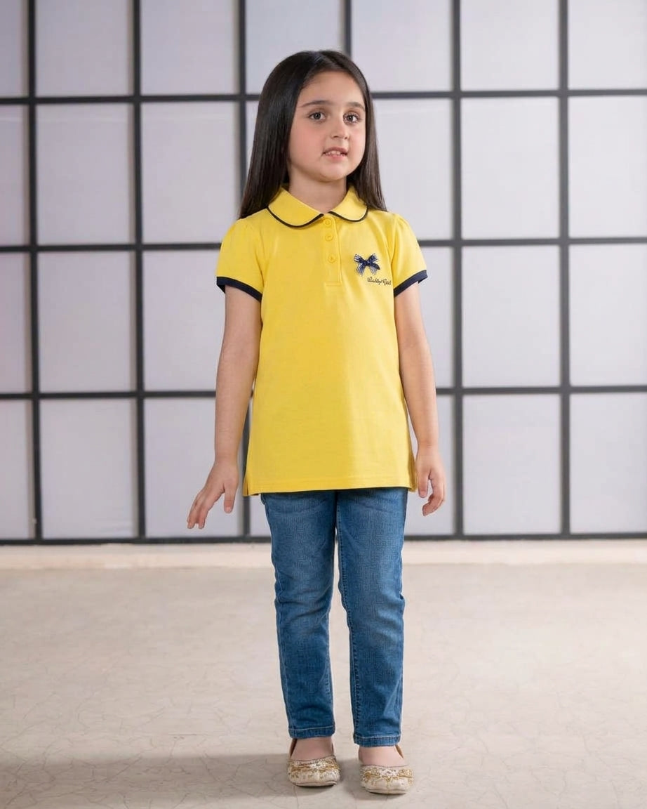 Girls Bright Yellow Cotton Polo Shirt with Navy Trim & "Lucky Girl" Bow Embroidery