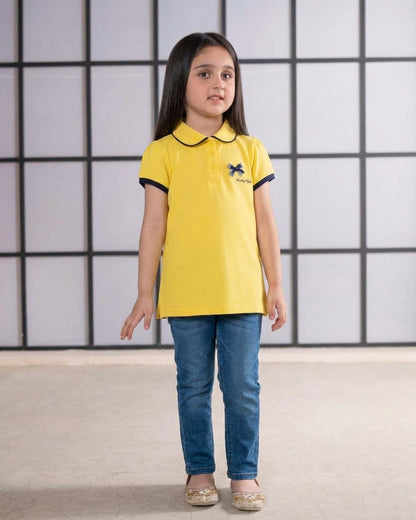 Girls Bright Yellow Cotton Polo Shirt with Navy Trim & "Lucky Girl" Bow Embroidery