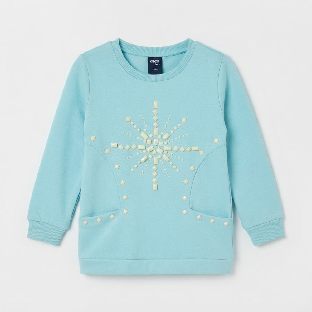 Girls Light Blue Snowflake Rhinestone Long-Sleeve Sweatshirt (Only Top)