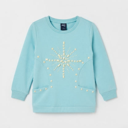 Girls Light Blue Snowflake Rhinestone Long-Sleeve Sweatshirt (Only Top)