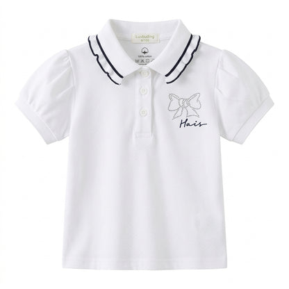 Girls White 100% Cotton Polo Shirt with Scalloped Collar & Rhinestone Bow Embroidery