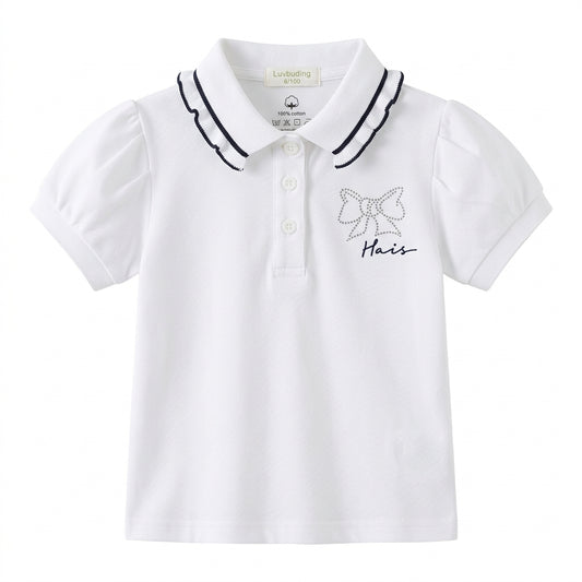 Girls White 100% Cotton Polo Shirt with Scalloped Collar & Rhinestone Bow Embroidery