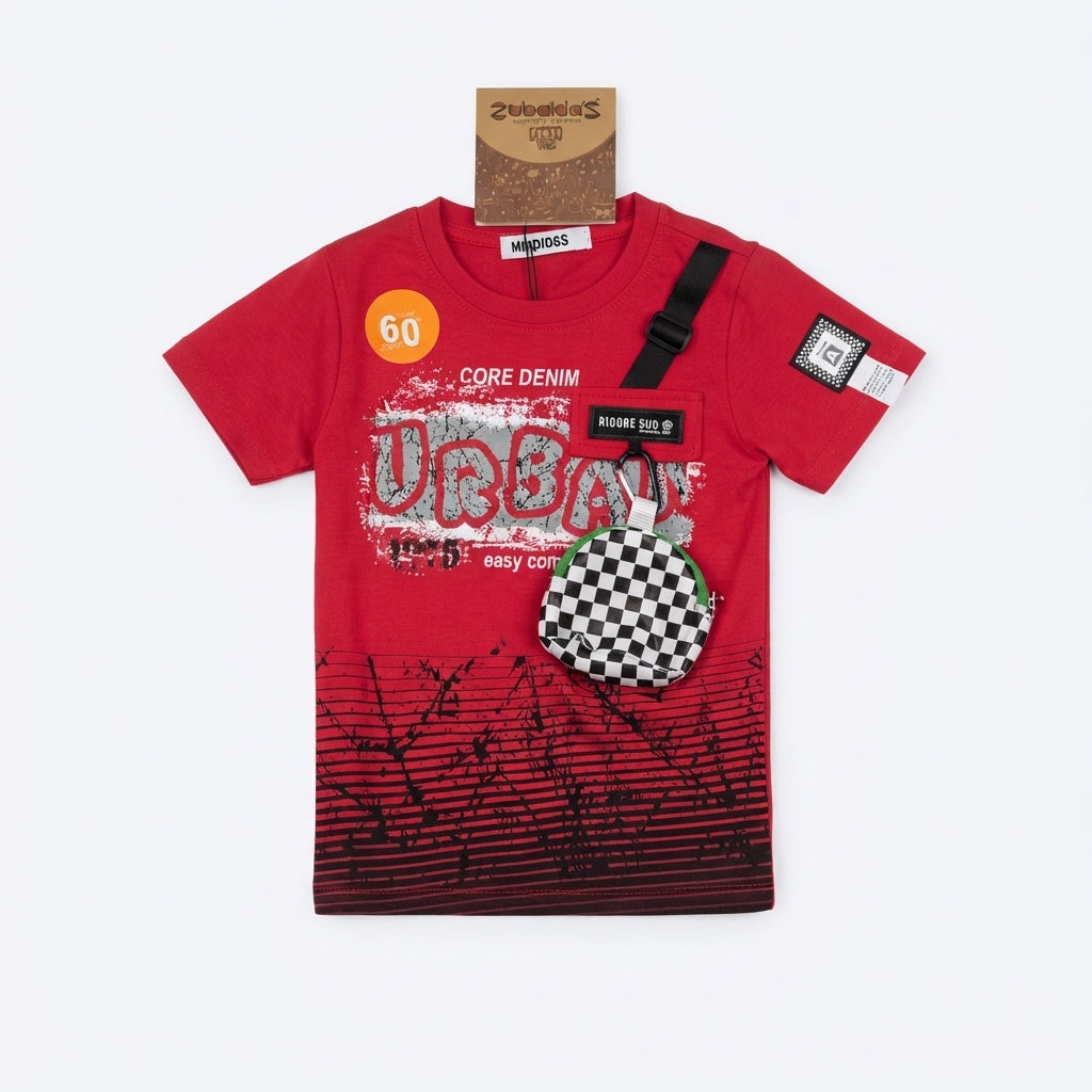 Red Urban Graphic Print Boys T-Shirt with Detachable Pouch | Zubaida's Kids Wear