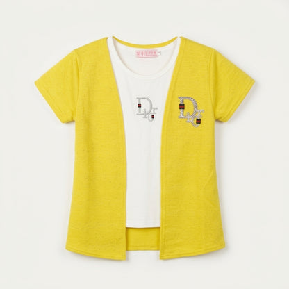 Girls Fake Two-Piece Mustard Cardigan & White T-Shirt Set with Rhinestone Logo