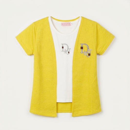 Girls Fake Two-Piece Mustard Cardigan & White T-Shirt Set with Rhinestone Logo