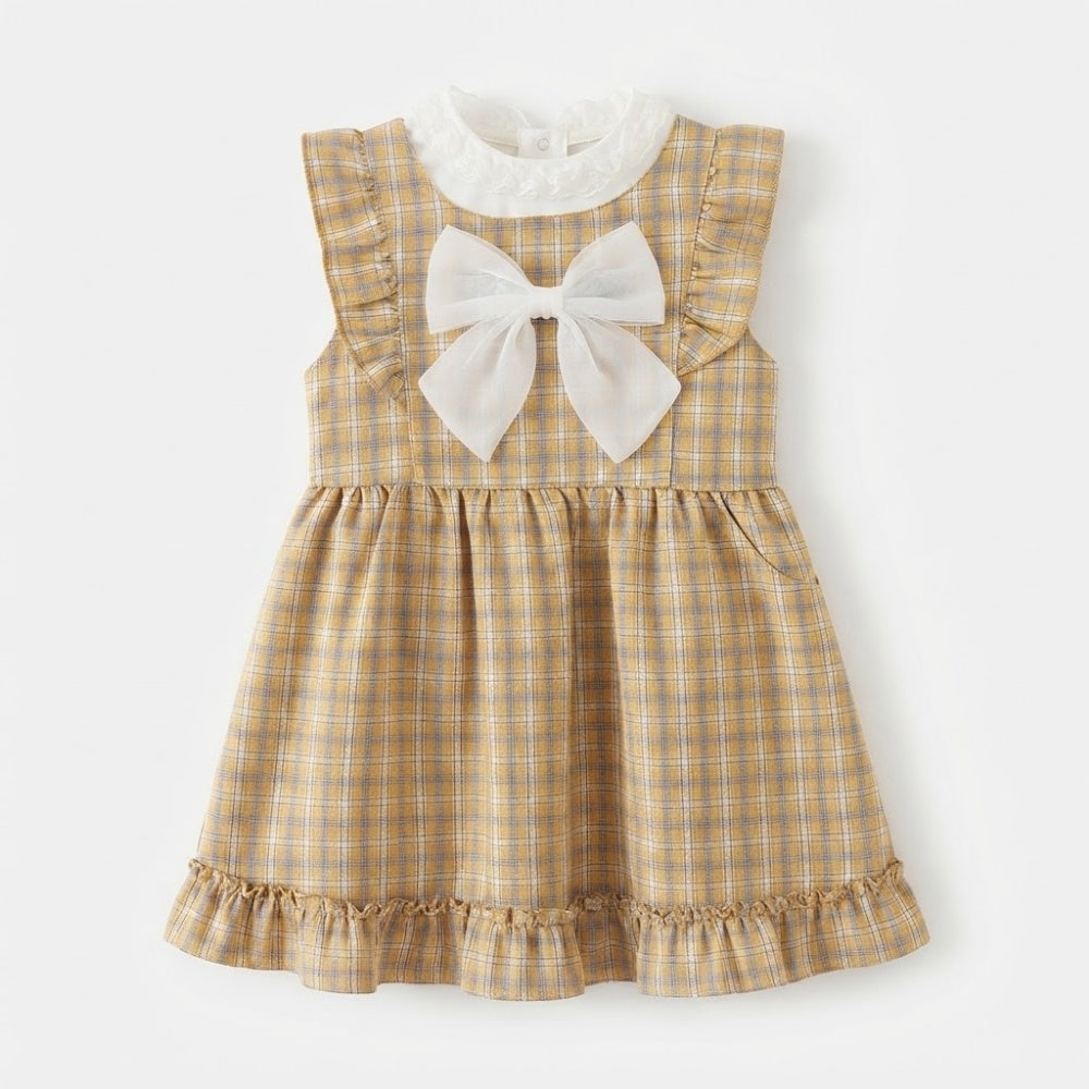 Baby Girls Yellow Plaid Ruffled Sleeveless Dress with White Bow (Only Frock)