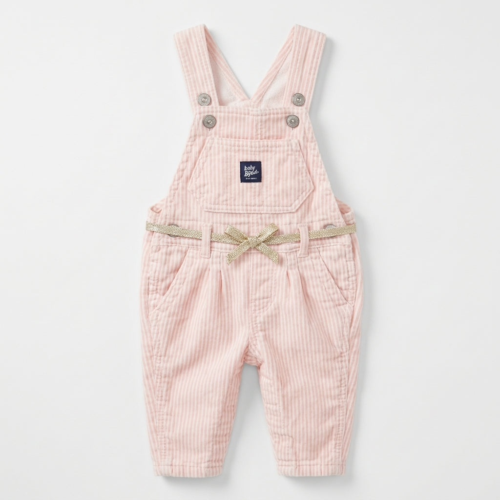 Baby Girls Pink Striped Corduroy Overalls with Gold Glitter Bow Belt