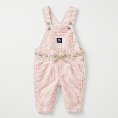 Baby Girls Pink Striped Corduroy Overalls with Gold Glitter Bow Belt