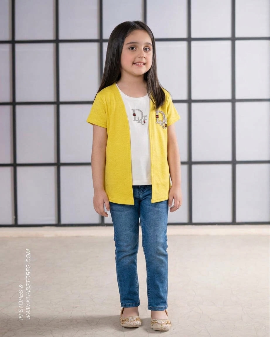 Girls Fake Two-Piece Mustard Cardigan & White T-Shirt Set with Rhinestone Logo