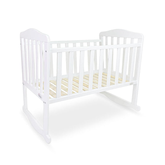 BABY WOODEN CRIB – WHITE FINISH WITH ROCKING & WHEELS