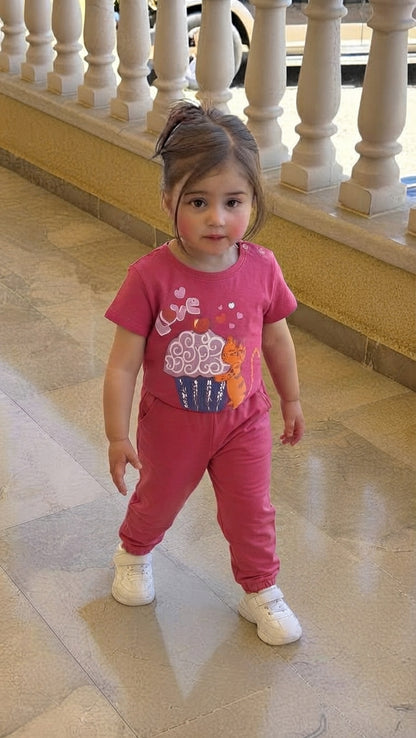 Baby Girls "LOVE" Cupcake & Cute Cat Graphic Print Cotton Short-Sleeve T-Shirt