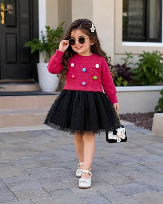 Baby & Toddler Girls Dark Pink Pom-Pom Fleece Long-Sleeve Black Tulle Dress (Only Dress)