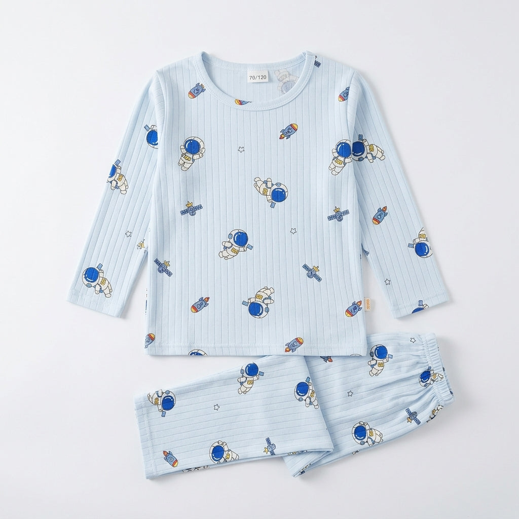 Boys Light Blue Astronaut & Rocket Print Long-Sleeve Nightwear Pajama Set (2-Piece)