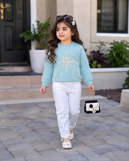Girls Light Blue Snowflake Rhinestone Long-Sleeve Sweatshirt (Only Top)