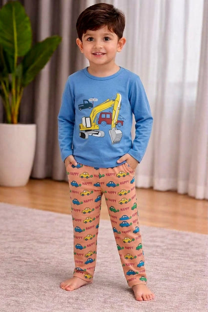Boys Blue Construction Excavator Long-Sleeve Nightwear Pajama Set with Peach Printed Pants (2-Piece)
